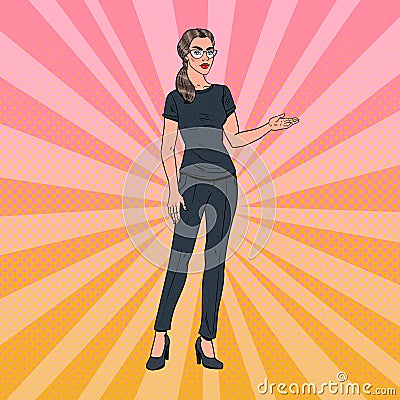 Pop Art Beautiful Business Woman Showing on Blank Area Advertising Product Vector Illustration