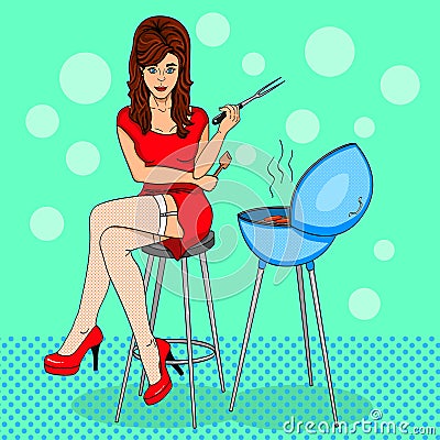 Pop Art. Beautiful girl cook. Comic style. A woman sits near the barbecue. Vector Vector Illustration