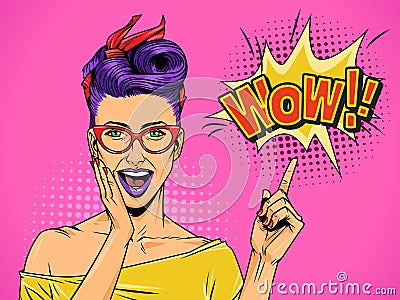 Pop art beautiful surprised lady Vector Illustration