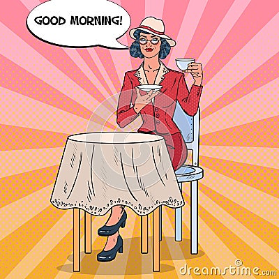 Pop Art Beautiful Woman Drinking Morning Tea in Cafe. Coffee Break Vector Illustration