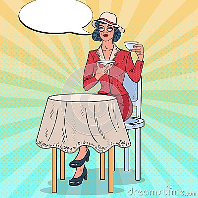 Pop Art Beautiful Woman Drinking Tea in Cafe. Coffee Break Vector Illustration