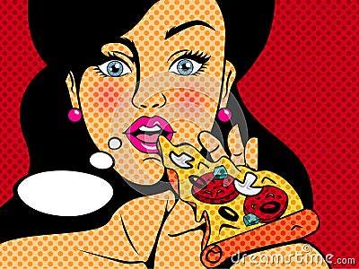 Pop art beautiful woman eating tasty pizza Vector Illustration