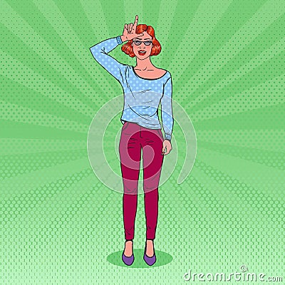 Pop Art Beautiful Woman Gesturing Hand Sign Loser on Forehead. Facial Expression Vector Illustration