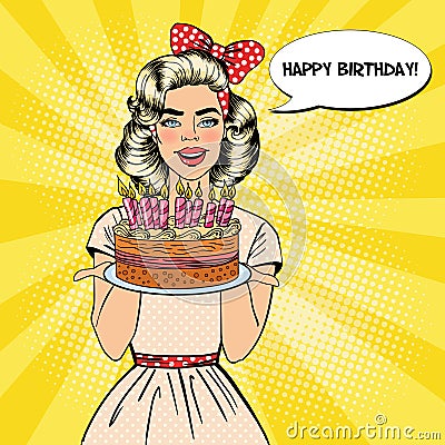 Pop Art Beautiful Woman Holding a Plate with Happy Birthday Cake with Candles Vector Illustration