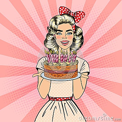 Pop Art Beautiful Woman Holding a Plate with Happy Birthday Cake with Candles Vector Illustration