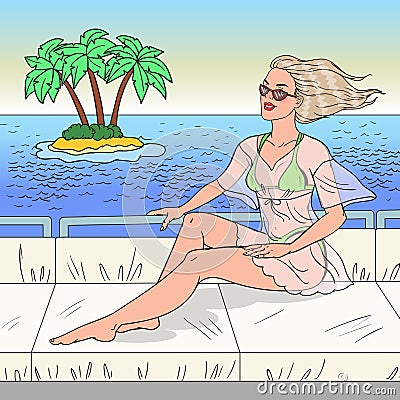 Pop Art Beautiful Woman Relaxing on Yacht Cruise. Beach Vacation Vector Illustration