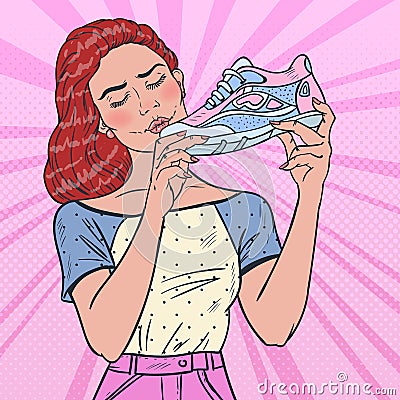 Pop Art Beautiful Woman with Running Shoes. Healthy Lifestyle Vector Illustration