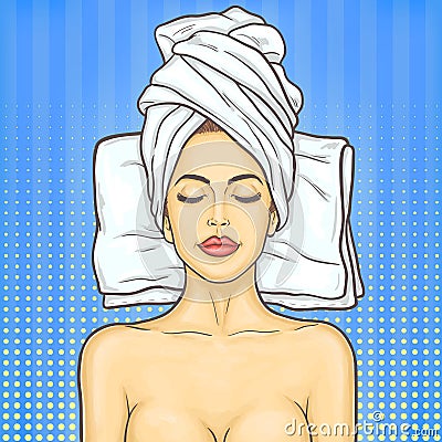 Pop art beautiful woman in spa environment Cartoon Illustration