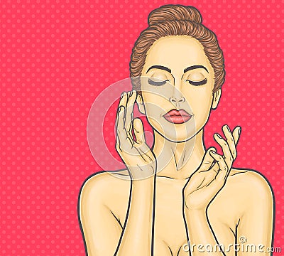 Pop art beautiful young woman makes a face massage Cartoon Illustration