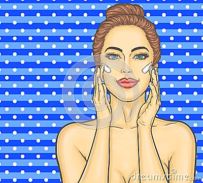Pop art beautiful young woman makes a face massage Cartoon Illustration