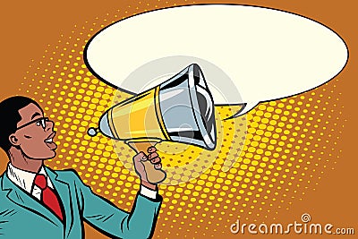 Pop art black businessman with a megaphone Vector Illustration