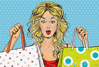 Pop Art blond women with shopping bags in the hands.Shopping Time. Cartoon Illustration