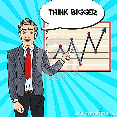 Pop Art Business Man Pointing Growth Graph. Business Presentation Vector Illustration