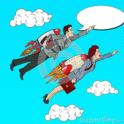 Pop Art Business People Flying on Rockets. Creative Start Up Concept Vector Illustration