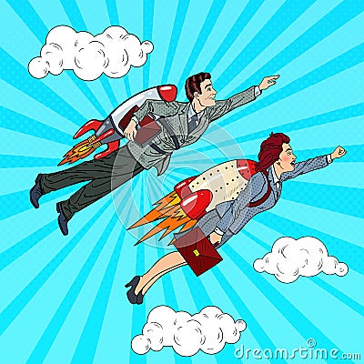 Pop Art Business People Flying on Rockets to Success. Creative Start Up Concept Vector Illustration