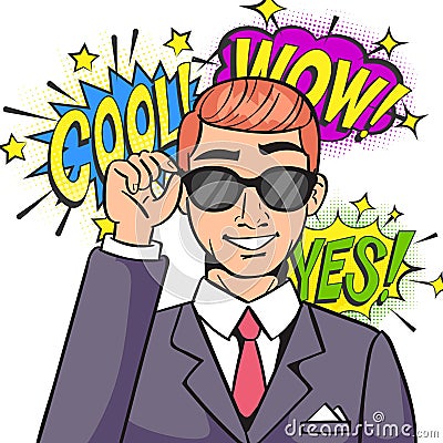 Pop art business success businessman saying cool, yes, wow vector illustration. Business people pop art successful trade Vector Illustration