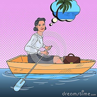 Pop Art Business Woman Floating on a Boat to the Beach Vacation. Vector Illustration