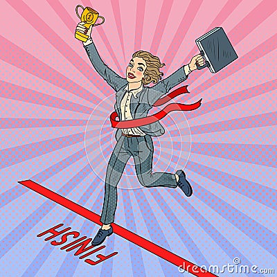 Pop Art Business Woman with Golden Winner Cup Crossing Finish Line Vector Illustration