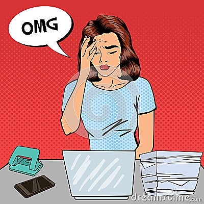 Pop Art Business Woman has a Headache at Office Multi Tasking Work Vector Illustration