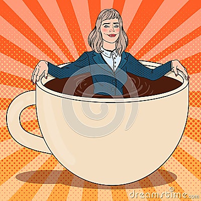Pop Art Business Woman Relaxing in Coffee Cup Vector Illustration
