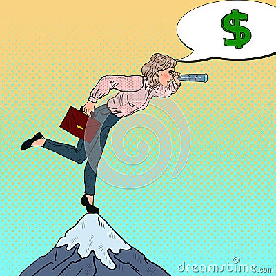 Pop Art Business Woman with Spyglass on the Peak of the Mountain Looking for Money. Business Strategy Vector Illustration