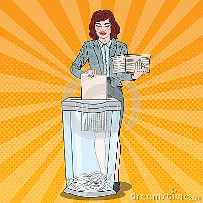 Pop Art Business Woman Utilises Paper Documents in Shredder Vector Illustration