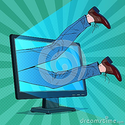 Pop Art Businessman Absorbed by Computer. Man Inside Monitor. Internet Addiction Vector Illustration