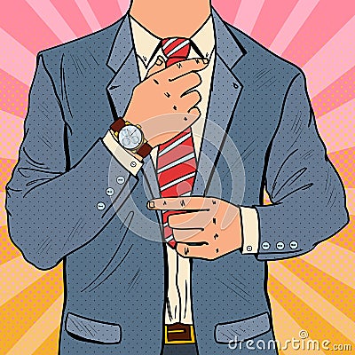 Pop Art Businessman Adjusting Neck Tie. Male Business Fashion Style Vector Illustration