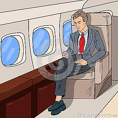 Pop Art Businessman Flying Airplane and Texting Message on Cellphone Vector Illustration