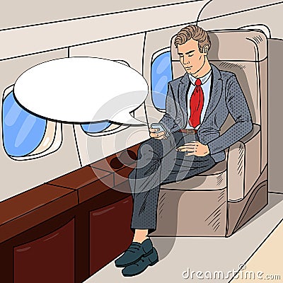 Pop Art Businessman Flying Airplane and Texting Message on Cellphone Vector Illustration