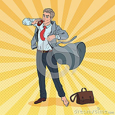 Pop Art Businessman Late to Work. Man with Coffee Hurry up to Office Vector Illustration