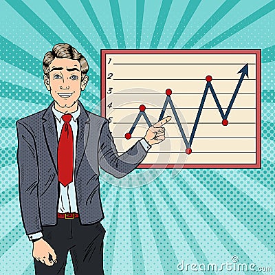 Pop Art Businessman Pointing Growth Graph. Business Planning Vector Illustration