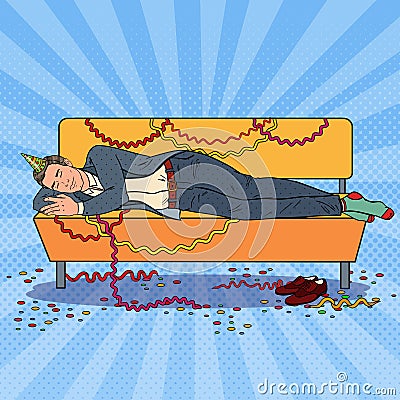 Pop Art Businessman Sleeping on the Sofa after Corporate Vector Illustration