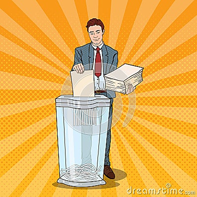 Pop Art Businessman Utilises Paper Documents in Shredder Vector Illustration