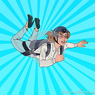 Pop Art Businesswoman Flying with Parachute. Happy Woman Parachutist. Skydiver in the Air Vector Illustration