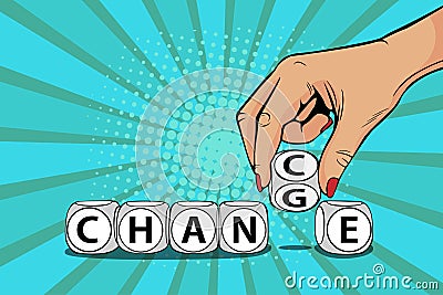 Pop art Businesswoman hand change word on blocks to chance Vector Illustration