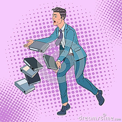 Pop Art Careless Businessman Dropping Folder Documents. Office Worker with Paper Files Vector Illustration