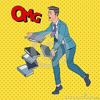 Pop Art Careless Businessman Dropping Folder Documents. Office Worker with Paper Files Vector Illustration