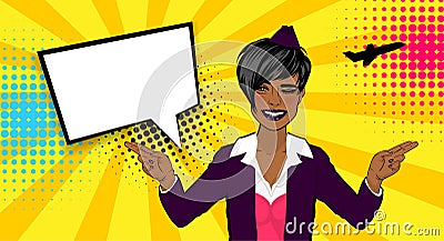 Pop art cartoon comic black stewardess Vector Illustration