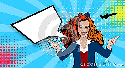 Pop art cartoon comic red stewardess Vector Illustration