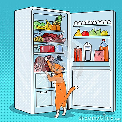 Pop Art Cat Steals Food from Refrigerator. Hungry Pet in Fridge Vector Illustration