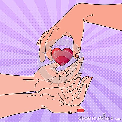 Pop Art Charity Organ Donation Concept. Hand Giving Heart. Health Care, Medicine Vector Illustration