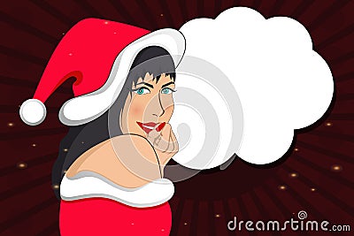 Pop art, Christmas face. Sexy joyful surprised woman in Santa Claus hat, speech bubble Vector Illustration