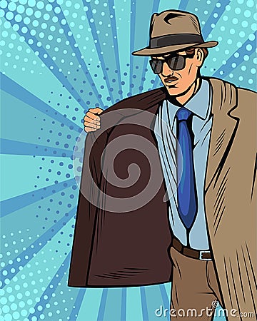 Pop art cloak-seller, bootlegger or smuggler in hat and coat is selling illegally on black market Vector Illustration