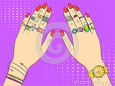 Pop art colored raster illustration. Hands of women in fashion jewelry, rings, jewelry, watches and Bijou. Imitation Cartoon Illustration