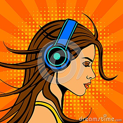 Pop art comic book style woman listening music in headphones Vector Illustration