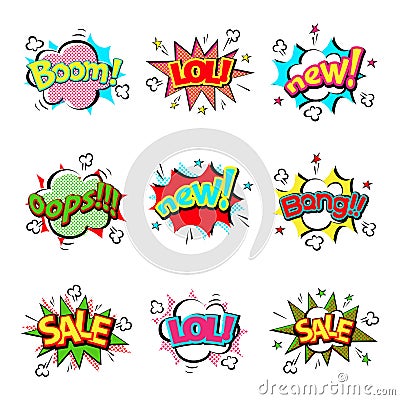 Pop art comic speech bubble boom effects vector explosion bang communication cloud fun humor illustration Vector Illustration