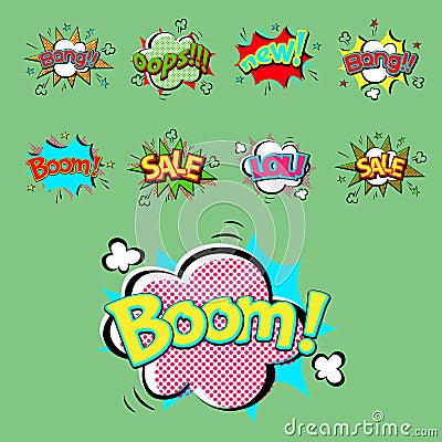 Pop art comic speech bubble boom effects vector explosion bang communication cloud fun humor illustration Vector Illustration