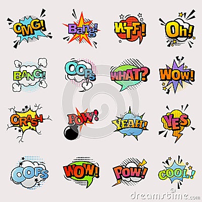 Pop art comic vector speech bubbles popart style in humor bubbling expression asrtistic comics shapes isolated on white Vector Illustration