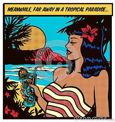 Pop art comics style girl wearing swimsuit relaxing enjoying holidays in a tropical paradise island beach vector illustration Vector Illustration